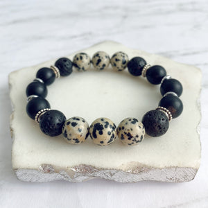 Gemstone + Lava Bead Bracelet | Essential Oil Diffuser Bracelet | Agate + Dalmatian Jasper: Positivity, Happiness, Strength, Balance