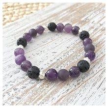 Load image into Gallery viewer, Positive Energy Gemstone Bracelet, Lava Bead Diffuser Bracelet, Healing Crystals, Amethyst, Anxiety + Stress Relief - GOOD VIBES